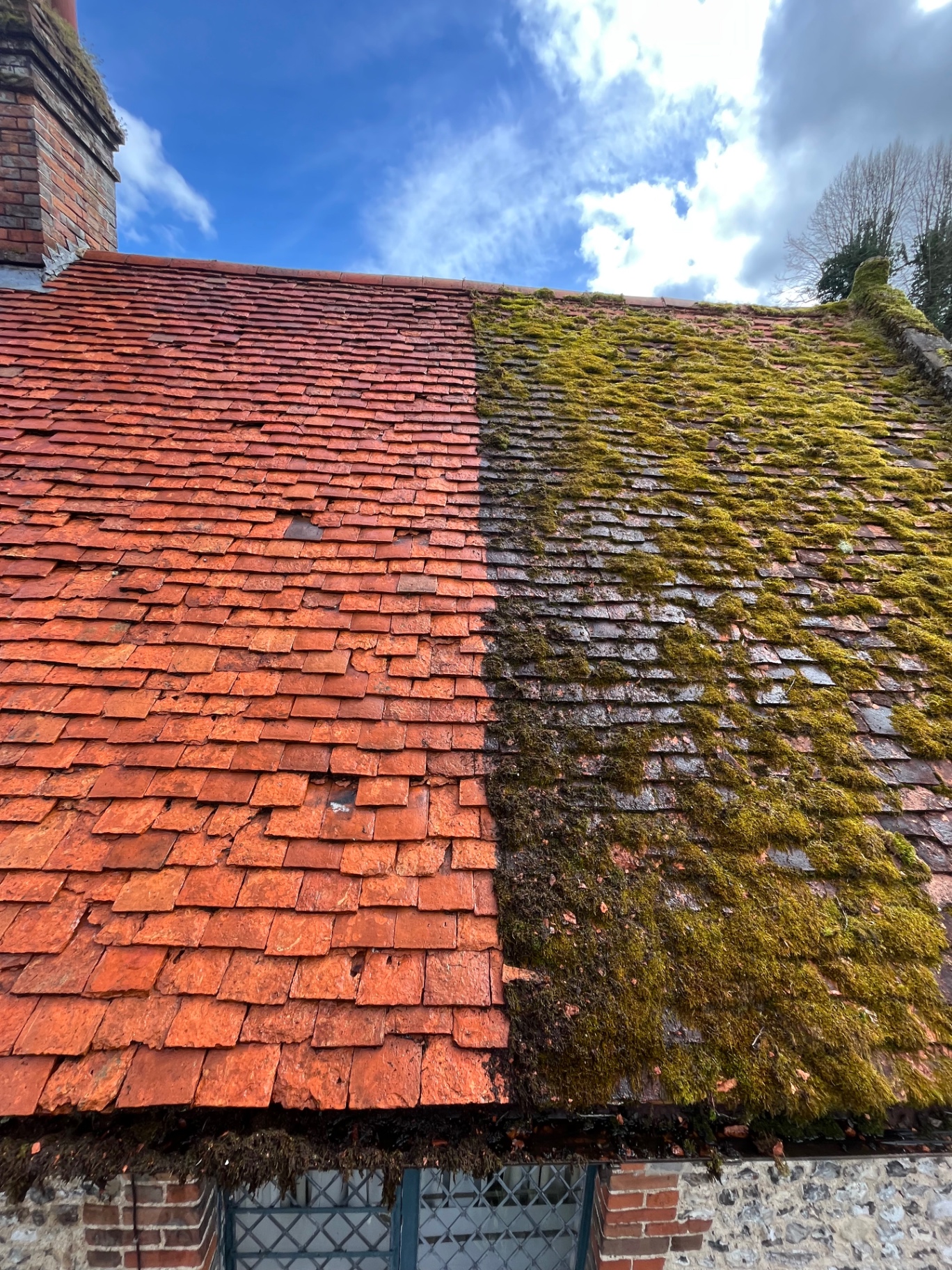 Half-cleaned clay tile roof showing the contrast before and after treatment