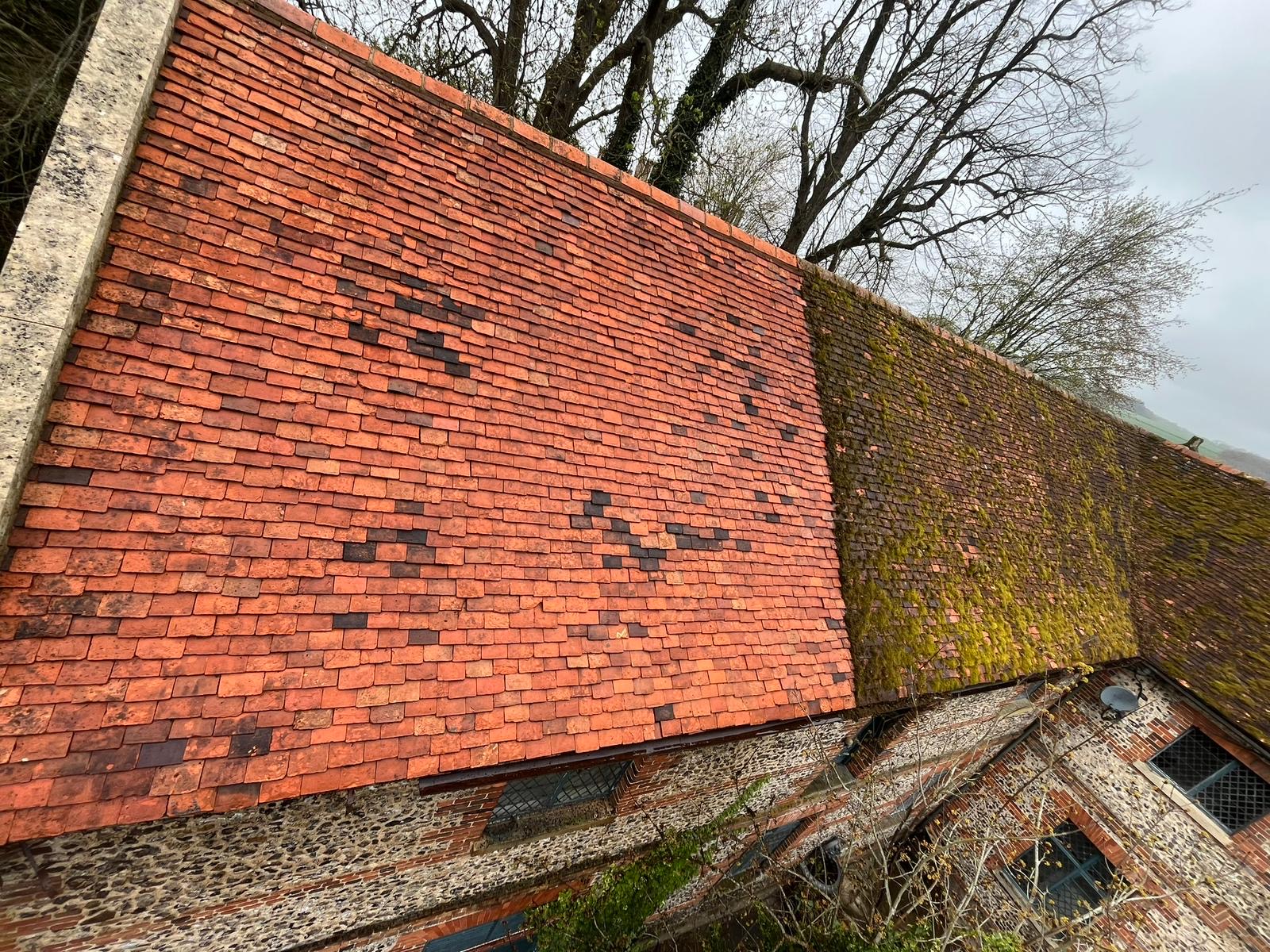 JR's access platform cleaning a moss-covered roof — before and after