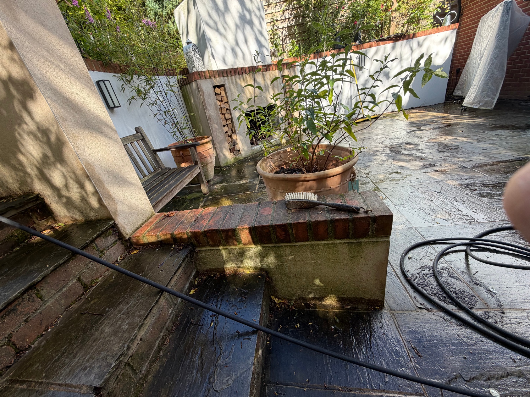 Patio with moss-stained brick step and slate slabs before cleaning